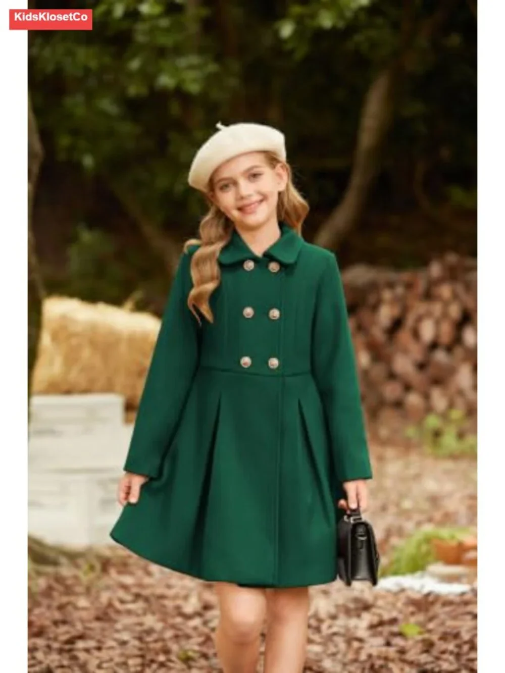 Girls Wool Peacoat Double-Breasted Coat with Notched Lapel & Pockets Sizes 6-14